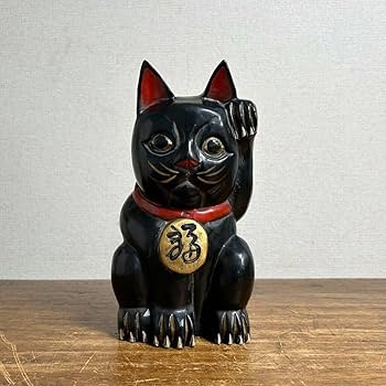 Amazon.co.jp: 時代 木彫 黒猫 招き猫 古美術 骨董 高さ24.5cm 縁起物